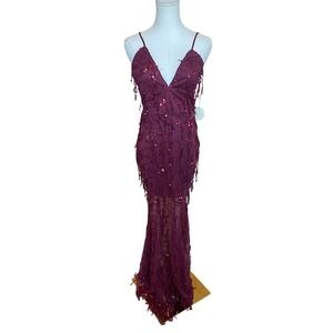 LUXXEL Y2K Sequin Fringe Prom Dress Size M NWT Formal Sheer Vampy Flapper Chic